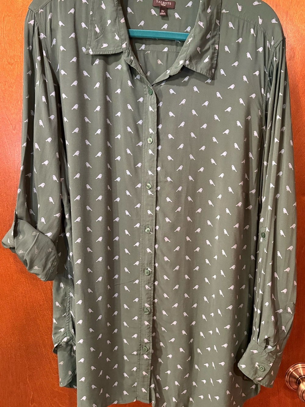 Talbots Olive Green Button-Down Shirt with Blue Bird Motif